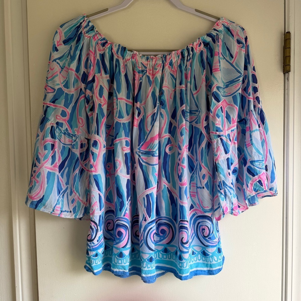 Lilly Pulitzer Womens Blue Pink Anchor Sailboat Off Shoulder Bell Sleeve Top S - Picture 6 of 8